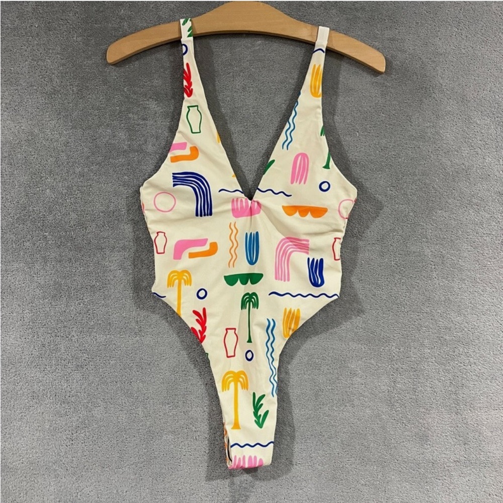 Aurelle palma retro abstract art illustration colorful cream one piece swimsuit